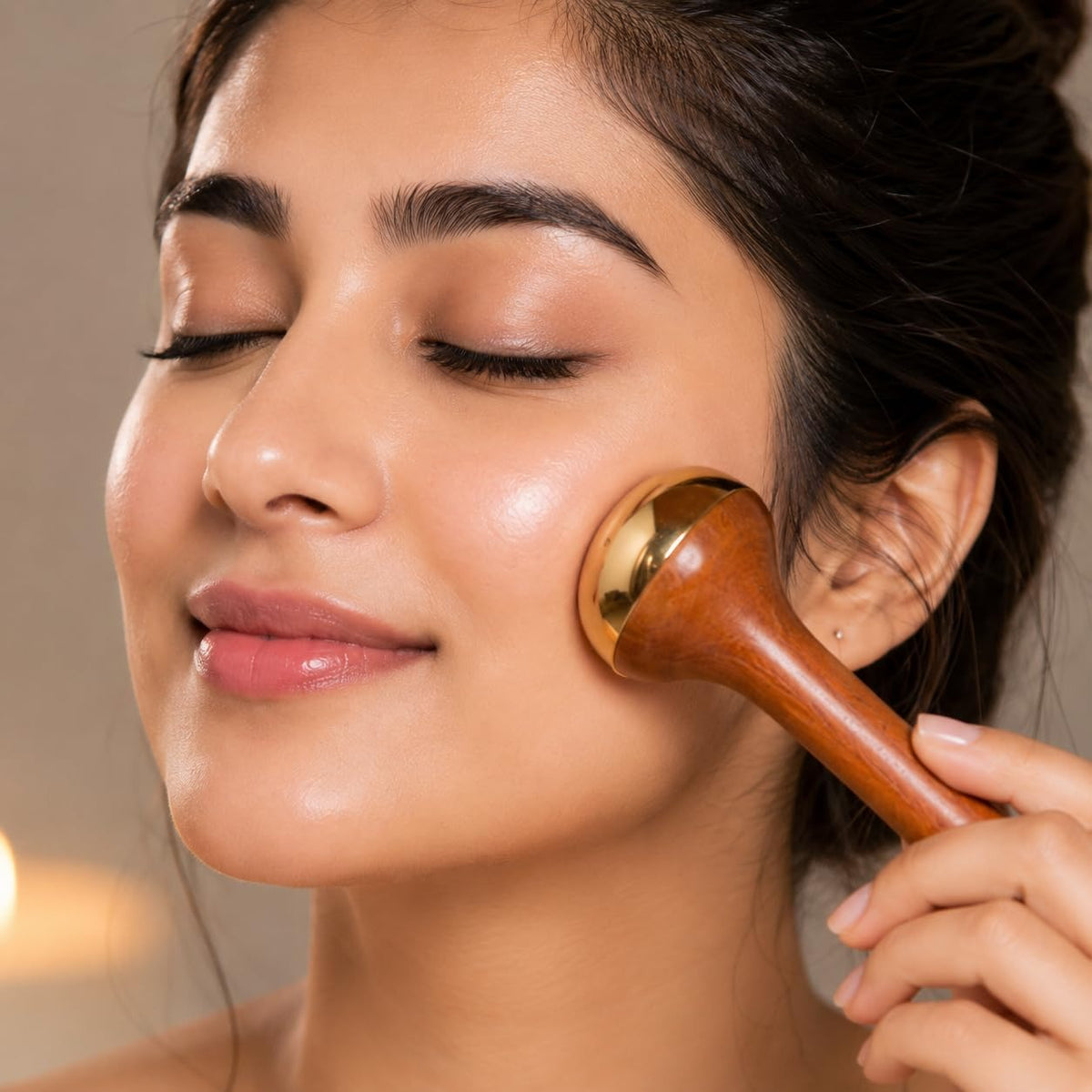 Wooden Face Massage Tool – Brass Head Facial Massager for Relaxation & Skincare